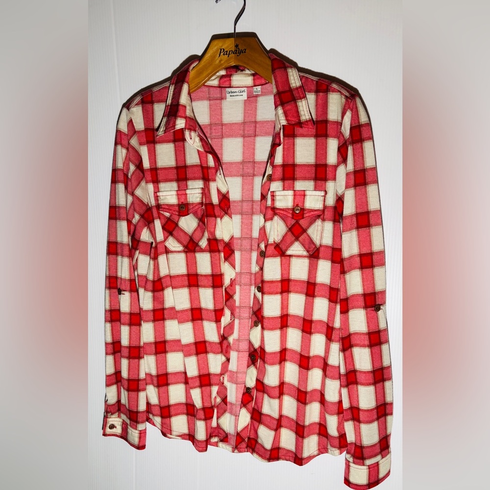 Urban Girl Red White Plaid Flannel Shirt Size L New Button Down Fall Layering